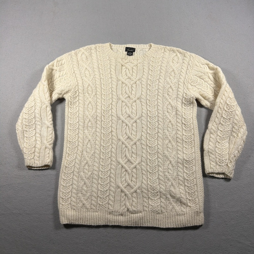 Limited Sweater Womens Medium White Wool Handknit Cable Knit Crewneck Pullover
